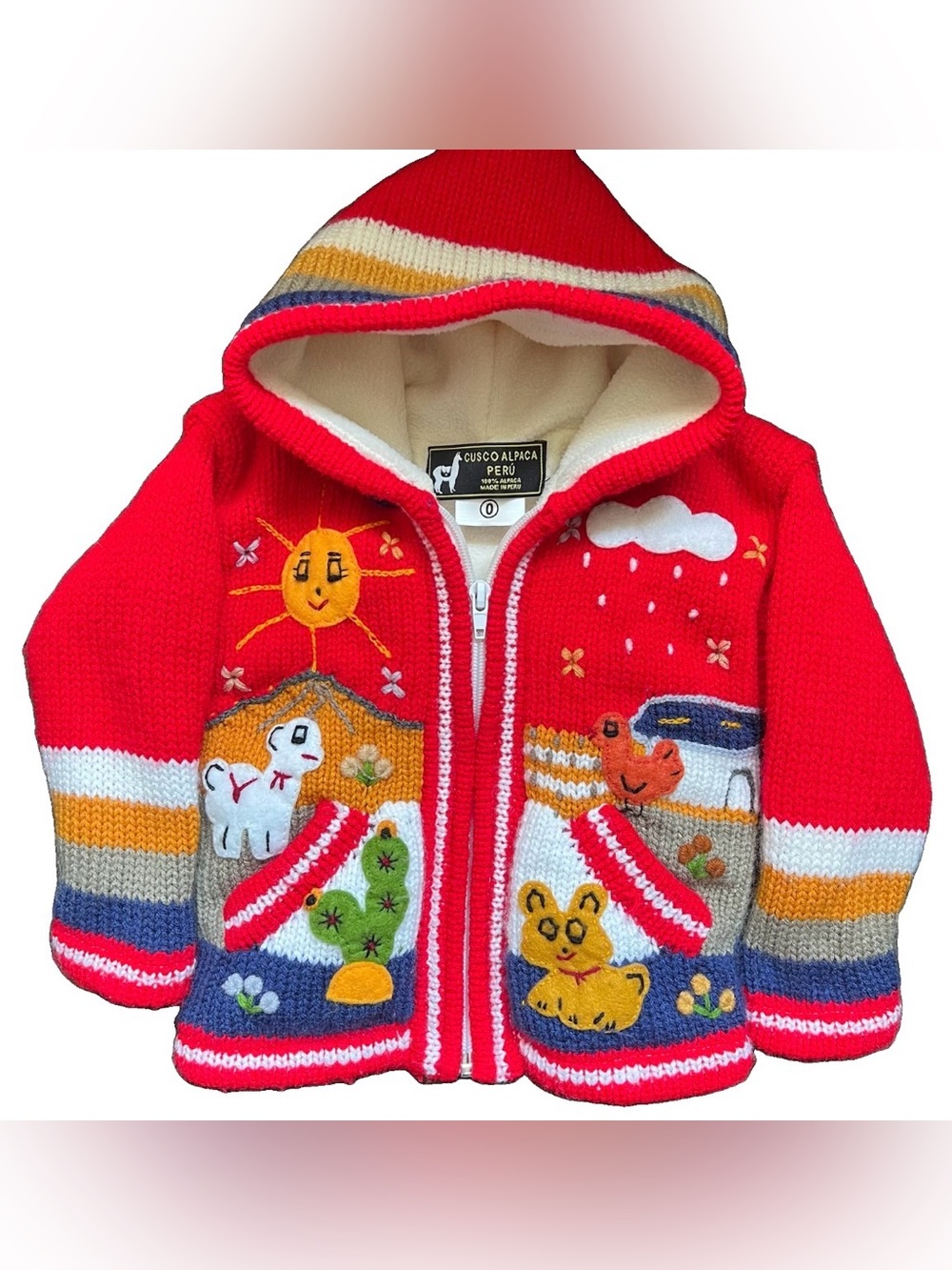 Cusco Alpaca Peruvian Knitted Zip Hooded Cardigan Sweater Infant 6-12Mo